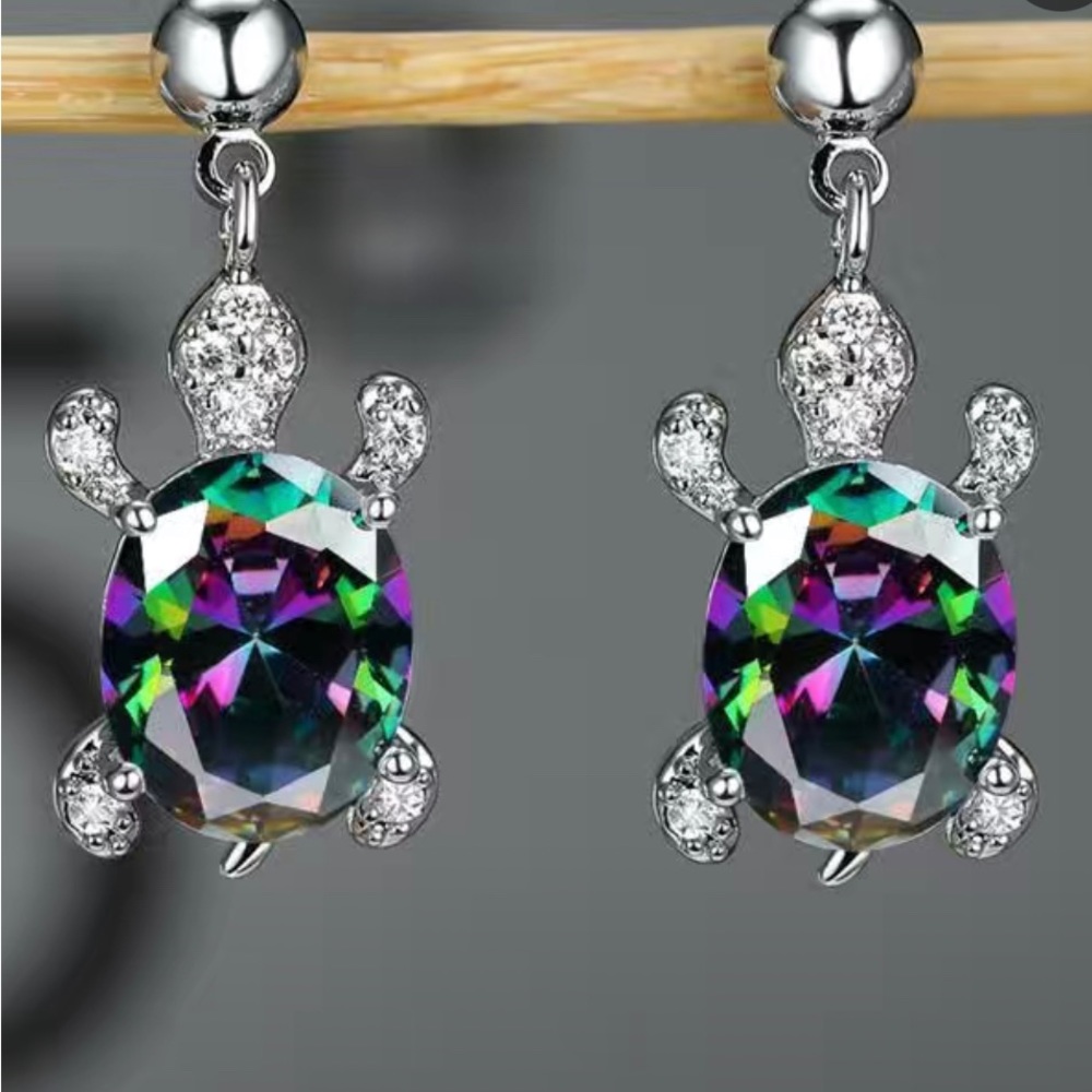 Silvery with multicolored stone turtle earrings